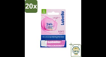 20 x Labello – Lippenbalsem – Soft Rosé – Lippenbalsem – 24H Hydratatie - Grootverpakking - Lippenbalsem - Hydratatie - Roze Glans - Natuurlijke Lippenbalsem - Rozenextract