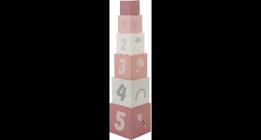 Label Label - Houten Stapelblokken - Roze/Wit - FSC Hout - 6 Blokken met Illustraties en Cijfers - Stimuleert Motoriek en Herkenning van Vormen - Geschikt voor Kindjes vanaf 12 Maanden
