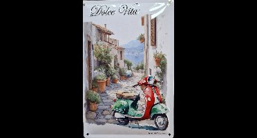 Dolce Vita Italiaans Straatbeeld met Scooter . Metalen wandbord in reliëf 20 x 30 cm.