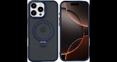 Hoesje Geschikt voor iPhone 16 Pro Max Magsafe hoesje - hard backcover - Magnetische Standaard - Ringhouder - Mat Transparant / Blauw