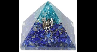 Orgoniet piramide lapis lazuli en aquamarijn met engel Michaël – 7 cm x 7 cm x 6 cm