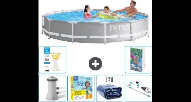 Intex Rond Prism Frame Zwembad - 366 x 76 cm - Grijs - Inclusief Pomp Onderhoudspakket - Solarzeil - Stofzuiger - 7-delig