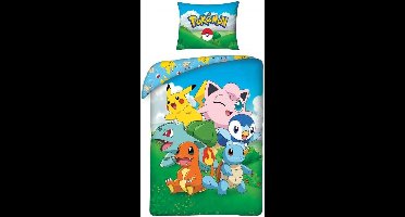 Pokémon 1-Persoons Dekbedovertrek 140x200 + Kussensloop 70x90 Katoen Blauw - Omkeerbaar beddengoed - Natuurlijk katoen ademend - Pokémon licentie - 4-12 - Cadeau - Machinewasbaar