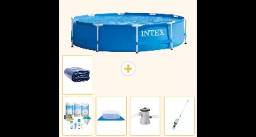 Intex Rond Frame Zwembad - 305 x 76 cm - Blauw - Inclusief Onderhoudspakket - Grondzeil - Zwembadfilterpomp - Stofzuiger - Solarzeil - 6-delig