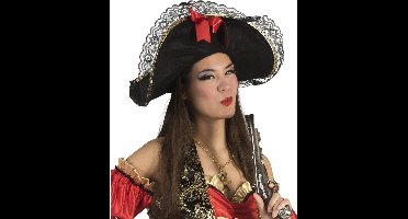 Funny Fashion Piratenhoed zwart - met strik - volwassenen - verkleed hoed - piraat - dameshoed - Carnaval