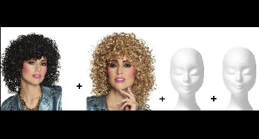 2x Pruik met krullen Club zwart en blond en 2x Pruikenhouder