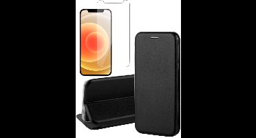 Hoesje geschikt voor iPhone 12 Mini - Screen Protector GlassGuard - Book Case Kunstleer ThinShield Zwart & Screenprotector