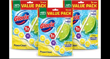 3 x Glorix - Power Clean - Toiletblok - Citrus - Hersluitbare Verpakking - 5 Blokken - Bulkverpakking - 3 stuks