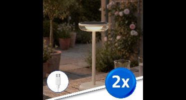 Tafellamp oplaadbaar ‘Vita’ - Voordeelset van 2 stuks - Zandkleur - USB-C oplaadbaar - Werkt ook op zonne-energie - Warm wit licht 2700K - Tafellamp voor binnen én buiten - Solar tuinverlichting