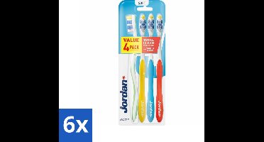 6 x Jordan Tandenborstel Total Clean Soft 4-pack 4 stuks per verpakking - Tandenborstel - Mondverzorging - Tandplak Verwijderen - Tandvlees Verzorgen - Tongschraper