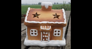 Waxinelichthouder kerst peperkoekhuisje terracotta – bruin/wit 14x14x10 cm | Kerstdecoratie