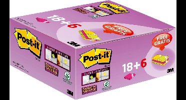 Value Pack: Post-it® Super Sticky Notes, Gekleurd, Fushia, Canary Yellow™, Neon groen, 47,6mm x 47,6 mm, 90 Blaadjes,  18 Blokken + 6 Blokken GRATIS