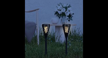 Solar tuinverlichting priklamp 'Norah' - Set van 2 stuks - Met vlameffect - Extra warm wit licht (1900K) - 12 lumen - Fakkellamp - Zwart