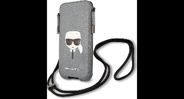 Karl Lagerfeld, Hoesje geschikt voor Universele Smartphone 6.1 inch - Karl Head Series Saffiano met Koord, Grijs