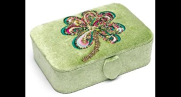 Sieraden / tarotdoos fluweel groen met klavertje vier – 11 cm x 15.5 cm x 5 cm