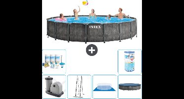 Intex Rond Prism Frame Greywood Zwembad - 549 x 122 cm - Inclusief Pomp - Ladder - Grondzeil - Afdekzeil Onderhoudspakket - Filter