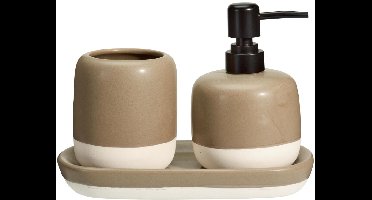 Bathroom Solutions Zeeppompje / dispenser met drinkbeker Messina - beige - kunststeen - 12 x 22 x 15 cm