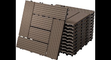 WPC-terrastegels 30x30 cm, set van 11 stuks voor 1 m², donkerbruin in houtlook, mozaïekpatroon, met afwatering en kliksysteem