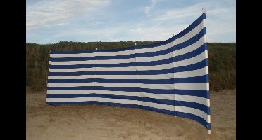 Strand Windscherm 5 meter dralon kobalt blauw/wit met houten stokken