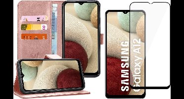 Hoesje geschikt voor Samsung Galaxy A12 - Screen Protector FullGuard - Book Case Kunstleer Pasjeshouder Rosegoud & Screenprotector