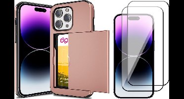 Hoesje met Pasjeshouder geschikt voor iPhone 14 Pro Max - 2x Screen Protector FullGuard - Back Cover SlideCase Roségoud & Screenprotector