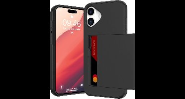 Hoesje Geschikt voor iPhone 16 Plus Hoesje Zwart - shockproof Backcover met pasjeshouder - Ruimte voor 2 pasjes