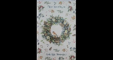 8 dubbele kerstkaarten Janneke Brinkman - kerstkrans met bloemen en vogeltjes - Fijne Kerstdagen kaarten met enveloppen