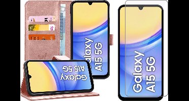 Hoesje geschikt voor Samsung Galaxy A15 - Screenprotector Glas - Portemonnee Book Case Rosegoud
