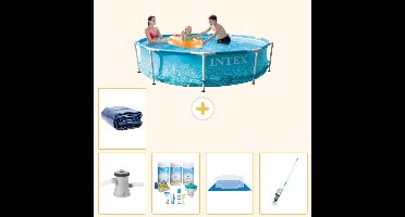 Intex Rond Frame Zwembad - 305 x 76 cm - Waterprint - Inclusief Pomp - Onderhoudspakket - Grondzeil - Stofzuiger - Solarzeil - 6-delig