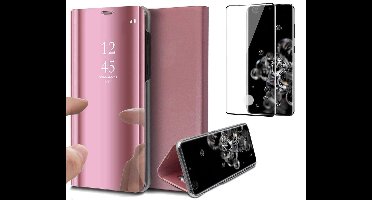 Hoesje geschikt voor Samsung Galaxy S20 Ultra - Screen Protector FullGuard - Book Case Spiegel Roségoud & Screenprotector