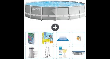 Intex Rond Prism Frame Zwembad - 457 x 107 cm - Grijs - Inclusief Pomp - Ladder - Grondzeil - Afdekzeil - Onderhoudspakket - Speelgoed - 9-delig
