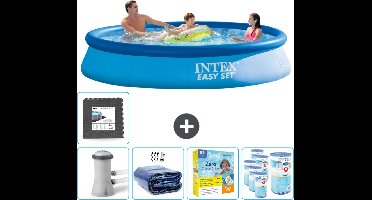 Intex Rond Opblaasbaar Easy Set Zwembad - 366 x 76 cm - Blauw - Inclusief Pomp Solarzeil - Onderhoudspakket - Filters - Vloertegels