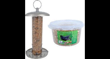 Vogel voedersilo RVS 27 cm inclusief 4-seizoenen mueslimix vogelvoer - Vogel voederstation - Vogelvoederhuisje