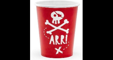 Kartonnen drink bekers Pirates Party, rood, 220ml - Party Deco - 6 stuks - piraten kinderfeestje feestartikel