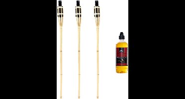 Bamboe tuinfakkel - 3x - 90 cm - inclusief bio citronella lampolie/fakkelolie 750 ml - citrusgeur