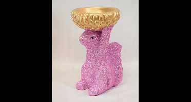Daan Kromhout - eekhoorn - glitter - roze - aardewerk - met goud schaaltje - H17 x Br 10 x L8 cm - waxinelichtjeshouder