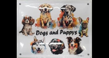 Dogs and Puppys. Metalen wandbord in reliëf 15 x 20 cm.