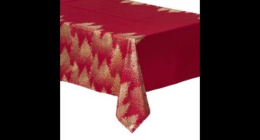 Tafelkleed Rood / Goud bedrukte kunstboom 140x360, b x l, Rood tafelkleed met gouden hotstamp dennenboom print materiaal polyester