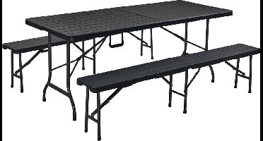 ERRO Inklapbare Tuinset met Tafel en 2 Banken - Ruimtebesparend & Opvouwbaar - Voor Tuin, Terras, Camping en BBQ - Luxe Zwart Houtdesign