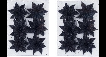 Cosy & Trendy Decoratie bloemen - 12x - glitter zwart - op ijzerdraad - 8 cm - kerstdecoratie