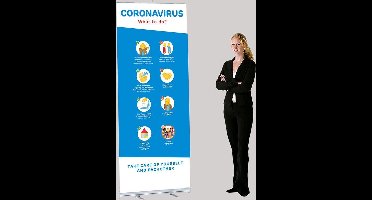 Corona Communicatie middelen - Opvallende Corona rolbanner -  met opdruk in het Engels - oprolbare banner voor binnen