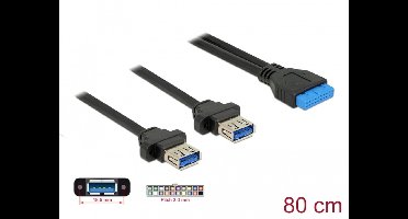 Delock Cable USB 3.0 pin header female 2.00 mm 19 pin > 2 x USB 3.0 Type-A female panel-mount 80 cm