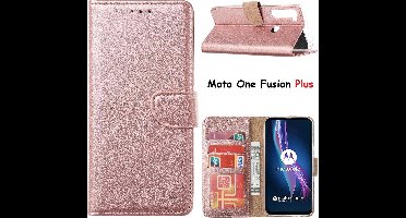 Hoesje geschikt voor Motorola Moto One Fusion Plus Hoesje met Pasjeshouder portemonnee bookcase - Rose Goud