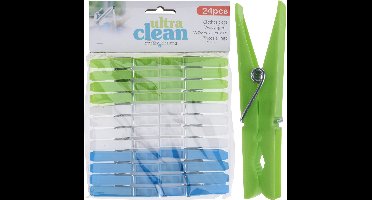 Ultra Clean Wasknijpers - 24x stuks - groen/blauw/wit - van kunststof - formaat 7 cm - wassen - was ophangen