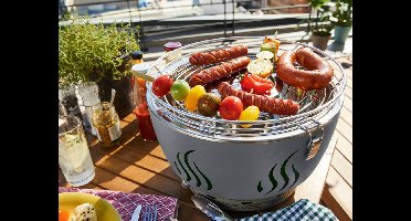 Houtskool BBQ Barbecue Grijs Zwart  - Met Ingebouwde Ventilator - Gemakkelijk barbecueen op Balkon , Terras of tijdens Picknick - Met gratis Draagtas en Batterijen