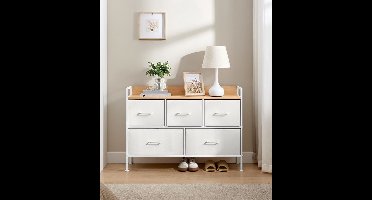 Ladenkast 5 Stoffen Laden - Dressoir Opbergkast Met Handgrepen - Commode Kast Voor Woonkamer Hal Stalen Frame - Wit Beige