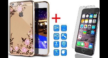 Hoesje geschikt voor Apple iPhone 6 (S) Plus - Siliconen Hoesje Transparant met Gouden Rand en Bloemetjes + Tempered Glass Screenprotector 2,5D 9H (Gehard Glas)