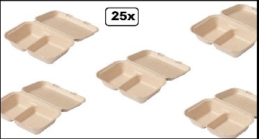 25x Lunchbox suikerrietpulp 2-vaks Next generation 250x165x70mm - menubox menu take away afhaal natuurlijke grondstoffen