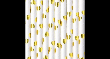 Partydeco Drinkrietjes - papier - 20x - wit/goud hartjes - 19,5 cm - rietjes