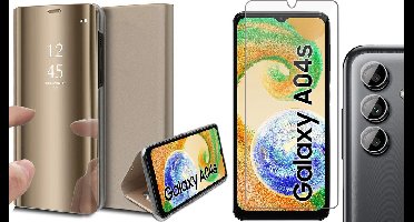 Hoesje geschikt voor Samsung Galaxy A04s / A13 5G - Screenprotector GlassGuard & Camera Lens Screen Protector - Book Case Spiegel Goud